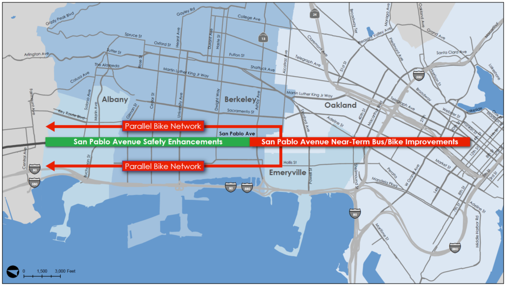 Map of three projects for Phase 1 of the the San Pablo Avenue Multimodal Corridor project