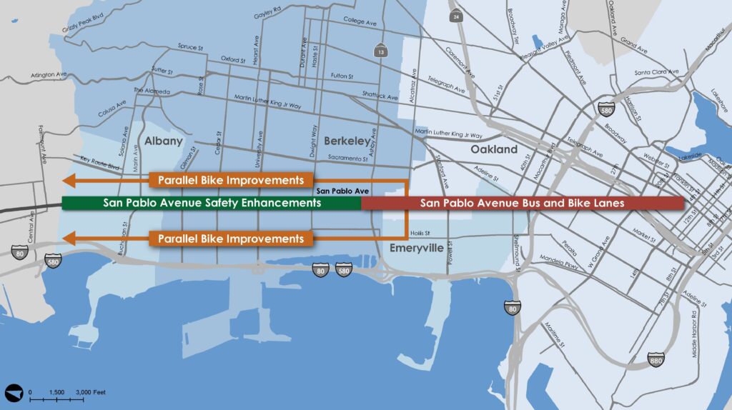 Map of San Pablo Avenue Corridor project elements - March 2023.
