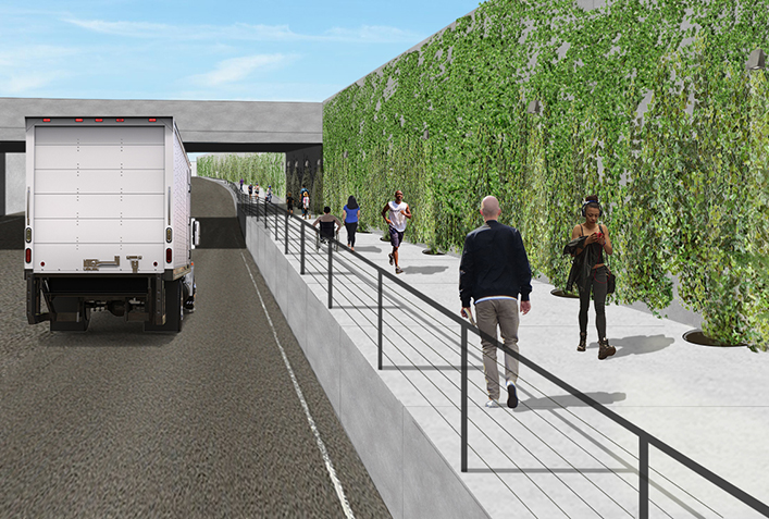 Rendering of the 7th Street Grade Separation East project - greening along the multi-use pathway.