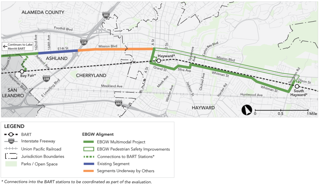 Map of East Bay Greenway - Bay Fair BART to South Hayward BART segment