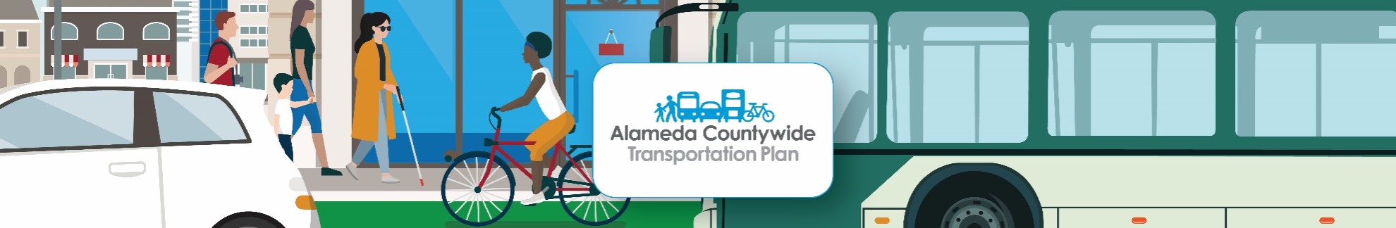Illustration showing a bus, a car, and person biking commuting on the road and people walking on the sidewalk