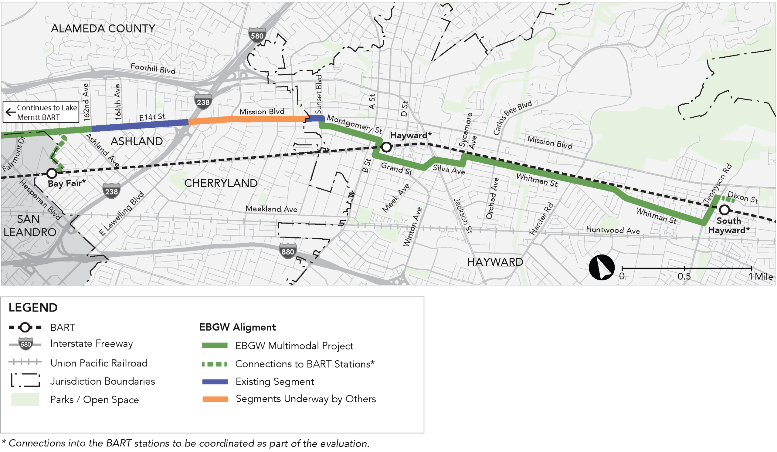 Map of East Bay Greenway - Bay Fair BART to South Hayward BART segment